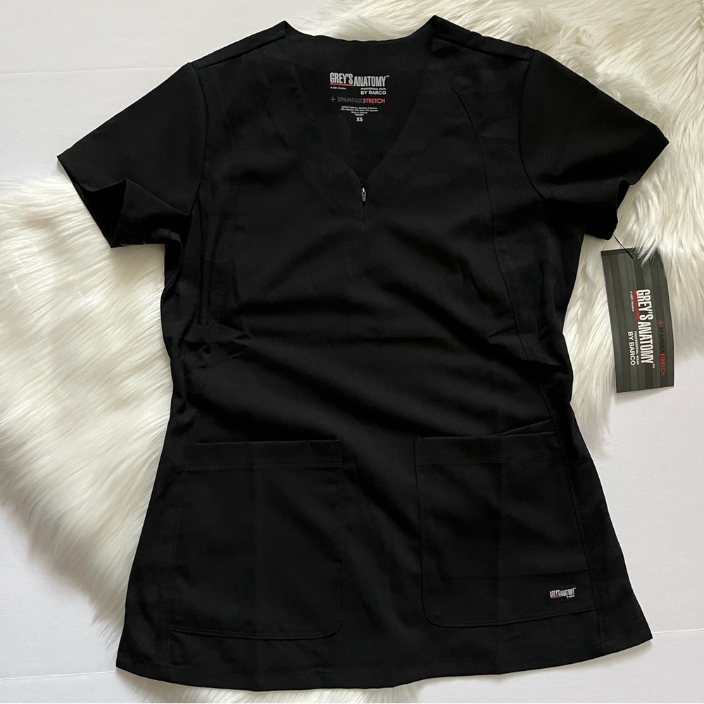Grey’s Anatomy 3 Pocket Zip Neck Print Panel V-Neck Scrub Top Size X Small NWT